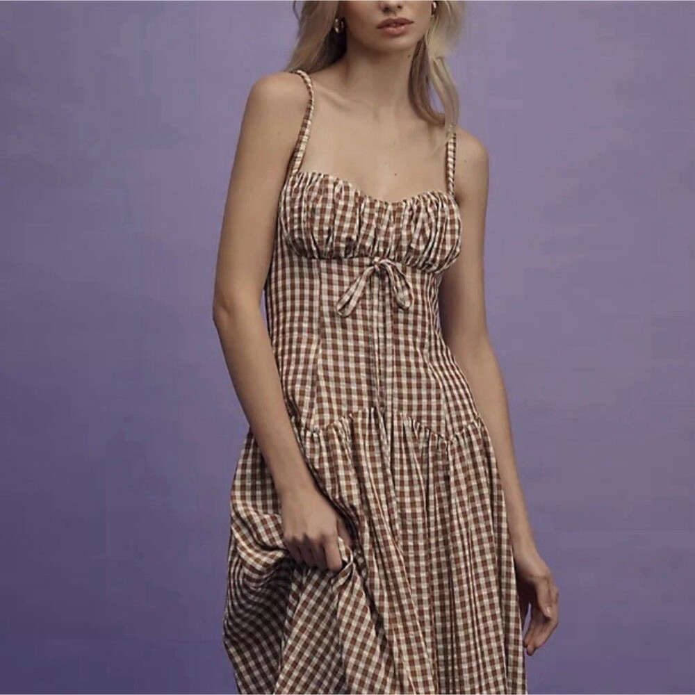 For Love & Lemons Midi Dress Brown Gingerbread Gingham Vacay Resort Small NWT